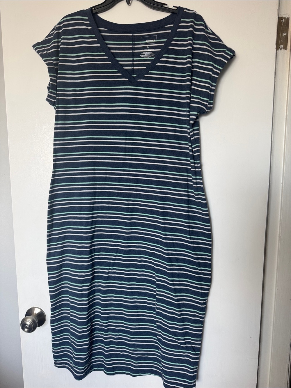 Sonoma Goods For Life Striped Midi Short Sleeve V-Neck Large - Navy, Aqua, White